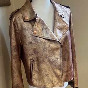 Anthropologie Brisa Metallic Rose Pink Gold Women's Cropped Motorcycle Jacket
